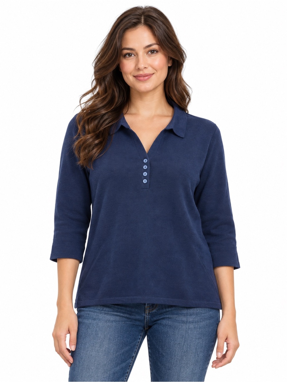 Talbots Navy Button-Front Polo Top - 3/4 Sleeve